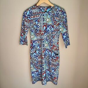 J.McLaughlin Catalina Cloth Mini Dress Size S Blue Paisley Tile Print 3/4 Sleeve